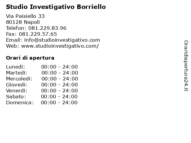 Orari di apertura Studio Investigativo Borriello Via Paisiello